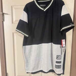 Black and White Jersey Style Shirt with V-Neck